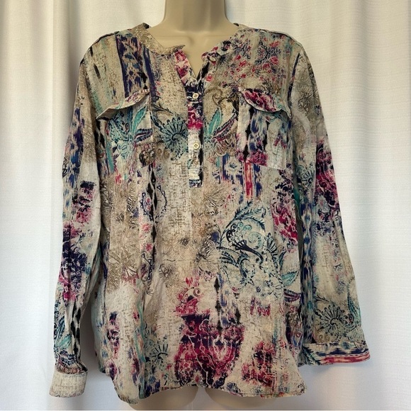 CHICO'S Cotton Top Boho Multicolor Long Sleeve Popover Shirt Women's Sz Large 2 - Picture 1 of 13